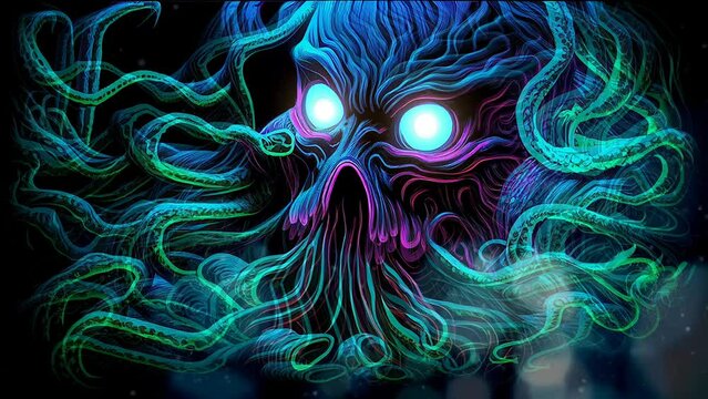 Cthulhu Trippy Blacklight Poster Style VJ Seamless Animation Looping Video Neon Colors Strange Nightmare Gods HP Lovecraft Halloween Monsters Tentacle Sea Kraken Otherworldly Alien Scifi Fantasy