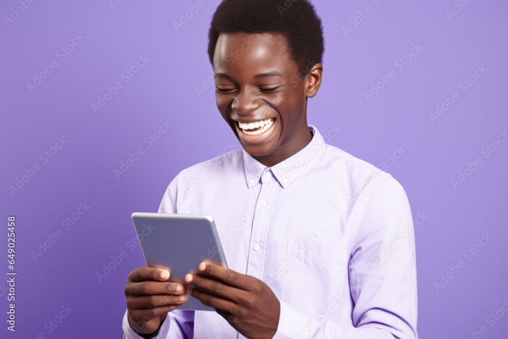 Poster Man is shown smiling while using tablet computer. This image can be used to illustrate technology, communication, or online browsing.