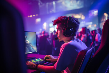 Gamer in front of a computer, illustration for esports and gaming