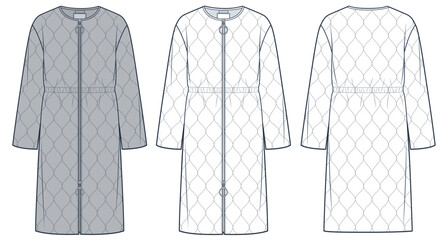 Puffer Coat technical fashion Illustration. Down Jacket fashion flat technical drawing template, zipper, waist drawstring, front and back view, white, grey, women, men, unisex Outerwear CAD mockup set © Liubov Hladka