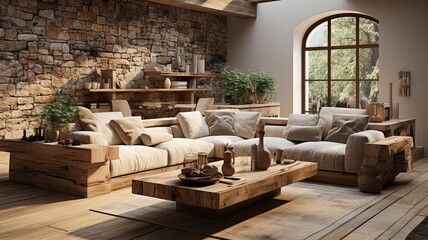 The rustic interior design of a modern living room. High quality illustration