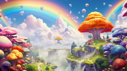A colorful fantasy landscape with a rainbow in the sky