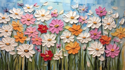 A painting of colorful flowers on a blue background