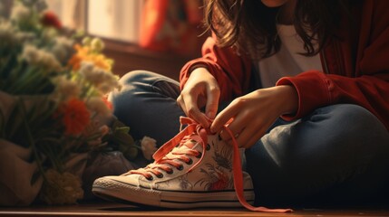 A woman tying up a pair of sneakers - obrazy, fototapety, plakaty