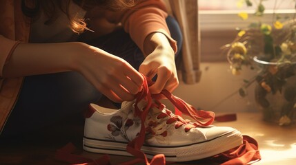 A woman tying up a pair of shoes - obrazy, fototapety, plakaty