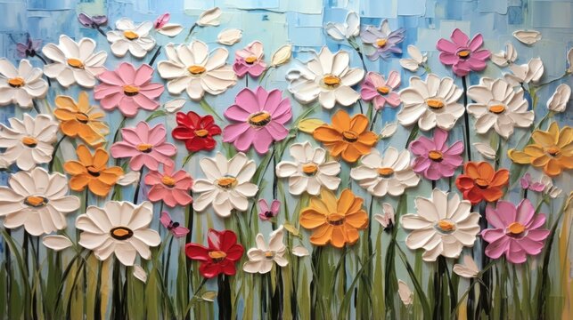 A painting of colorful flowers on a blue background