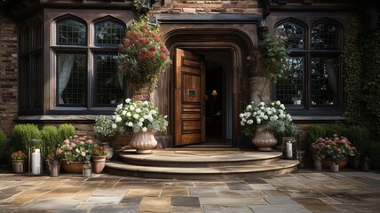 Fototapeta na wymiar a mansion with a wooden door and flowers in front of it. High quality photo