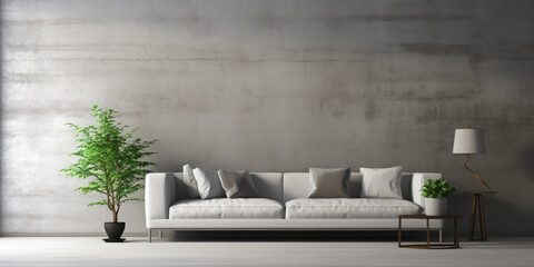Modern interior design of living room with empty concrete wall background - obrazy, fototapety, plakaty