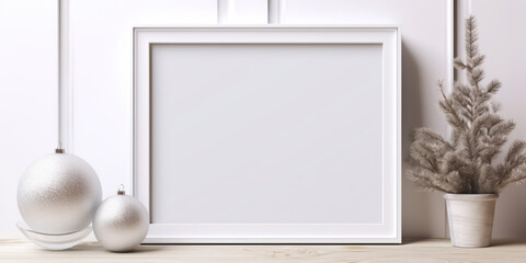 Interior Christmas decoration with white frame in center with copy space
