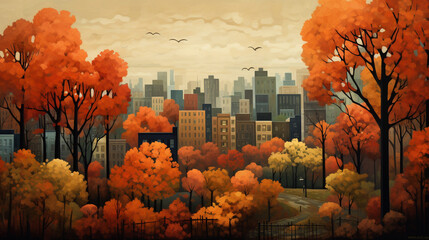 Illustration of a city in fall