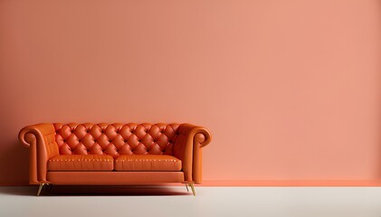 Orange Quilted Leather Sofa on Coral Red Background, Space for Copy, Background for Business and Interior