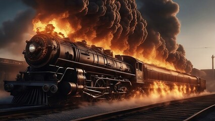 steam train at the station blowing up on fire melting - obrazy, fototapety, plakaty