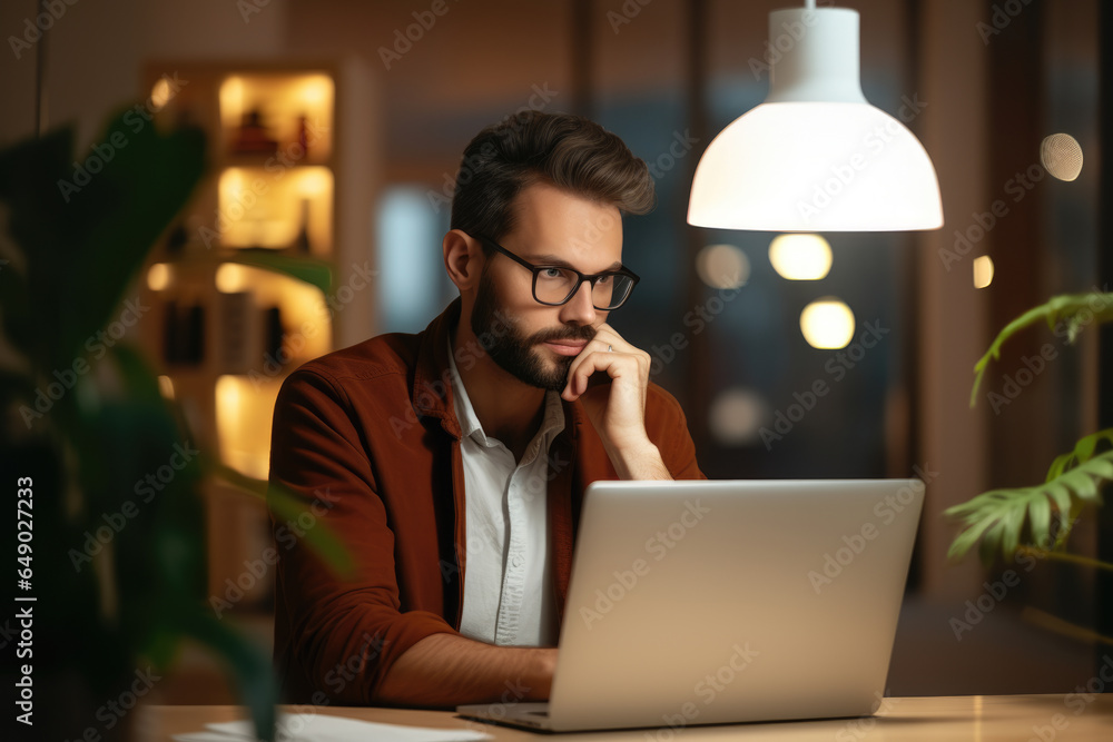 Poster man is pictured sitting in front of laptop computer. this image can be used to depict working from h