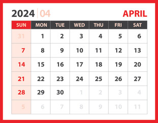 April 2024 template, Calendar 2024 design vector, planner layout, Week starts Sunday, Desk calendar 2024 template, Stationery. Wall calendar on red background, vector eps 10