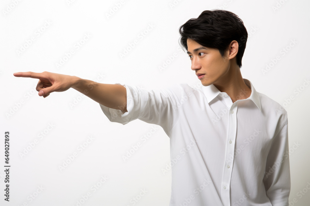Poster man wearing white shirt is pointing at something. this image can be used to represent directions, in