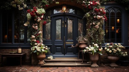 Fototapeta na wymiar a mansion with a wooden door and flowers in front of it. High quality photo