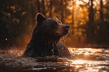 Bear swimming in the river on the sunset, wild predator, animal, nature beauty. - obrazy, fototapety, plakaty