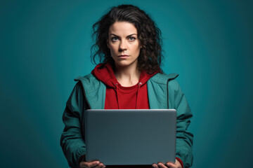 Woman is seen holding laptop while wearing green jacket. This image can be used to depict technology, remote work, or online communication.