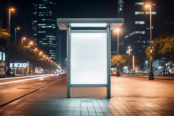 Blank white vertical digital billboard poster on city street bus stop sign at night - obrazy, fototapety, plakaty