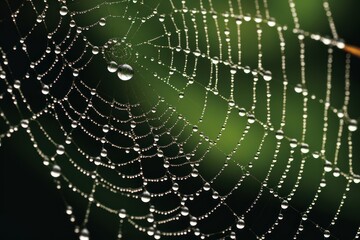 The spider web with dew drops, green leaves on the background