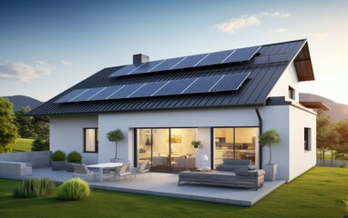 Newly constructed home with solar panels on the roof under a bright sky. Generative AI