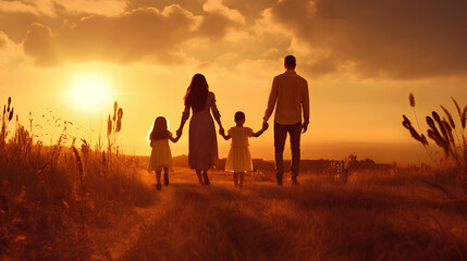 Happy family: mother, father, children son and daughter on sunset