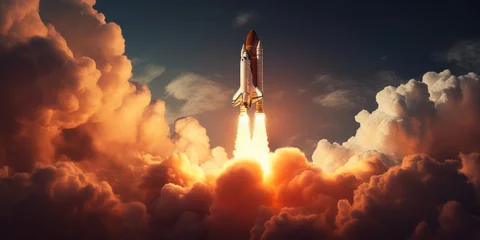 Fototapeten An Image of a Space Shuttle Lifting Off Through Clouds, Embarking on a Celestial Journey to the Moon and Mars, Pioneering Space Exploration and Interplanetary Adventures © Ben