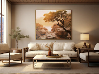 elegant living room image of home. comfortable armchairs, warm side lighting