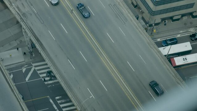 Aerial Zoom Out on Gardiner Expressway Traffic, Downtown Toronto, Canada, 4K