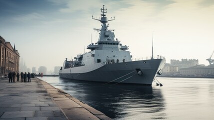 Fototapeta premium A large warship stands in the port of a European city