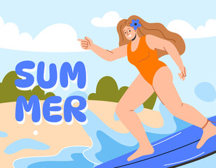 Summer card with woman at surfboard concept. Young girl at orange swimsuit with board at sea or ocean. Holiday and vacation in tropical and exotic countries. Cartoon flat vector illustration