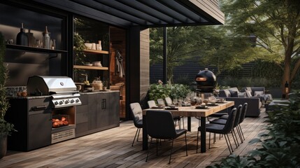 Fototapeta premium A black outdoor kitchen with plants on the deck