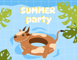 Summer card with swimming pool concept. Rubber ring with cow at water. Summer leisure, holiday and vacation in tropical countries. Graphic element for website. Cartoon flat vector illustration