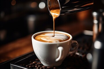 Fototapeta premium A barista pouring latte into a cup