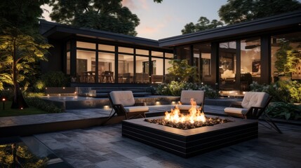 A backyard with a fire pit and a wooden patio - obrazy, fototapety, plakaty