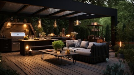 A black outdoor kitchen with plants on the deck