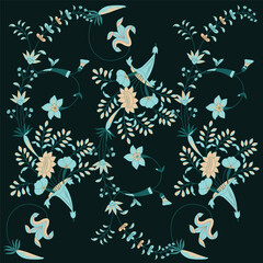 A blue and green floral pattern on a dark background