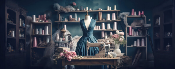 wide banner of women fashion dress design studio or atelier workshop for fashion house and custom tailor clothing talent small business