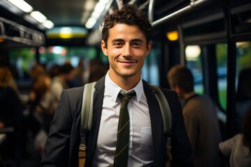 Fototapeta premium a young bussines commuter standing in a public bus