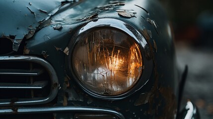 Side view of old rusted oldtimer with close-up shot of the headlight. Retro radiator grill