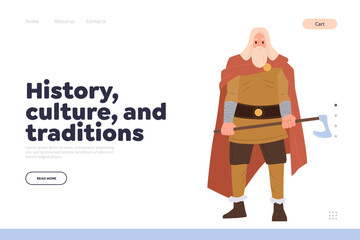 History, culture and tradition landing page with traditional scandinavian warrior cartoon character