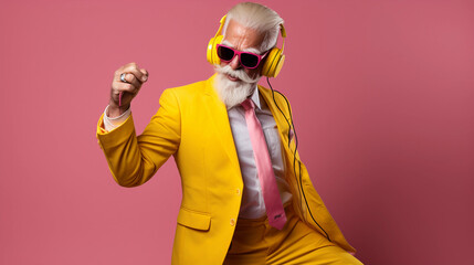 Old senior man wearing yellow suit, sneakers, headphones and sunglass, dancing in pink background