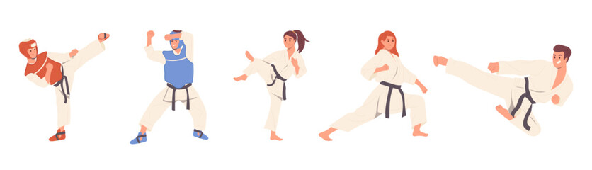 Diverse sports people in kimono fighting, attacking, practicing at martial arts education class © Iryna Petrenko