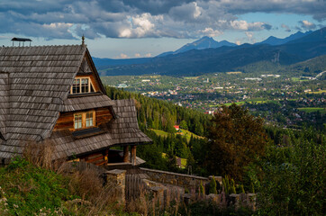 Beautiful view with mountains in the background. View of the Tatra.  Zakopane. Poland.