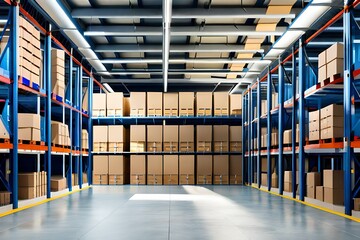 A large warehouse with numerous items. Rows of shelves with boxes. Logistics. Inventory control, order fulfillment or space optimization