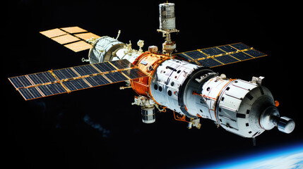 Fototapeta premium Stellar Innovations: A Modern Technology-Driven Space Station or Ship as Visualized by Generative AI