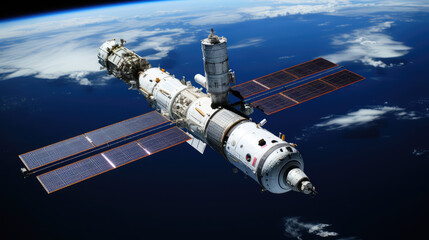 Fototapeta premium Stellar Innovations: A Modern Technology-Driven Space Station or Ship as Visualized by Generative AI