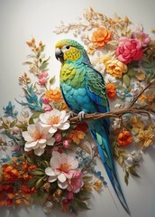 Tropical paradise - exotic flowers and parakeet 