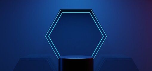 futuristic gaming esports background abstract wallpaper, cyberpunk style scifi game, stage concert scene in pedestal display room, led neon glow light, 3d illustration rendering