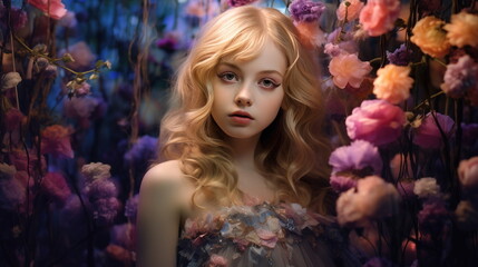A girl with eyes as deep and mysterious as a midnight forest, wearing a gown adorned with cascading flowers, standing in a garden where flowers bloom in surreal, enchanting colors